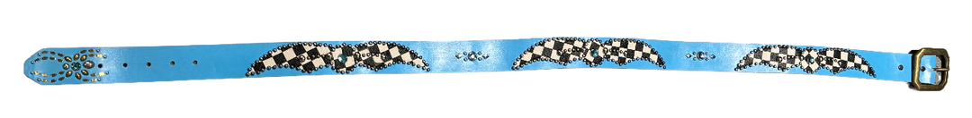 Studded 'Checkered Leather Spider Gem' Baby Blue Belt