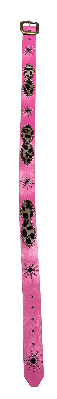 Studded 'Cheetah Fur' Sun Gem Pink Leather Belt