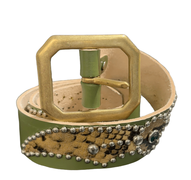 Studded 'Brown Snakeskin Silver Skull Spider Gem' Olive Belt'